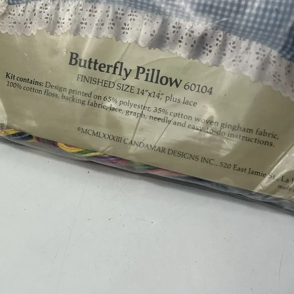 Vtg Candamar Chicken Scratch Embroidery Kit Butterfly Pillow 14x14 Gingham New